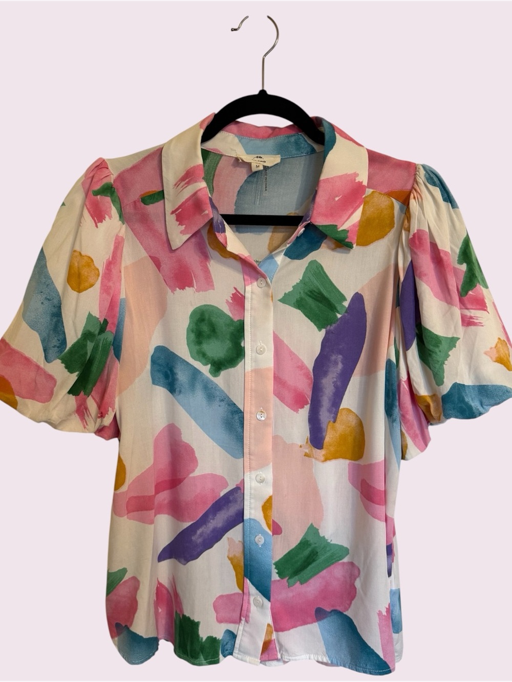 entro Medium Multicolor Abstract Brushstroke Puff Sleeve Button-Down Top
